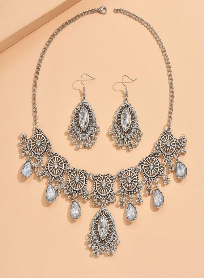 YANCHUN Indian Jewelry Set for Women Oxidized Temple Jewelry Indian Set with Necklace and Jhumka Dangling Earrings Wedding Guest Outfits for Women - Image 4