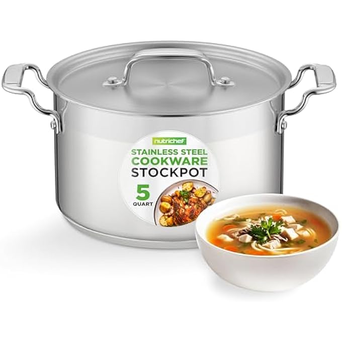 نيوتري شيف قدر طهي كبير من الفولاذ المقاوم للصدأ سعة 5 كوارت مع غطاء 188 من الفولاذ المقاوم للصدأ عالي التحمل مناسب للطعام لطهي الحساء والحساء يعمل بالحث - Image 1