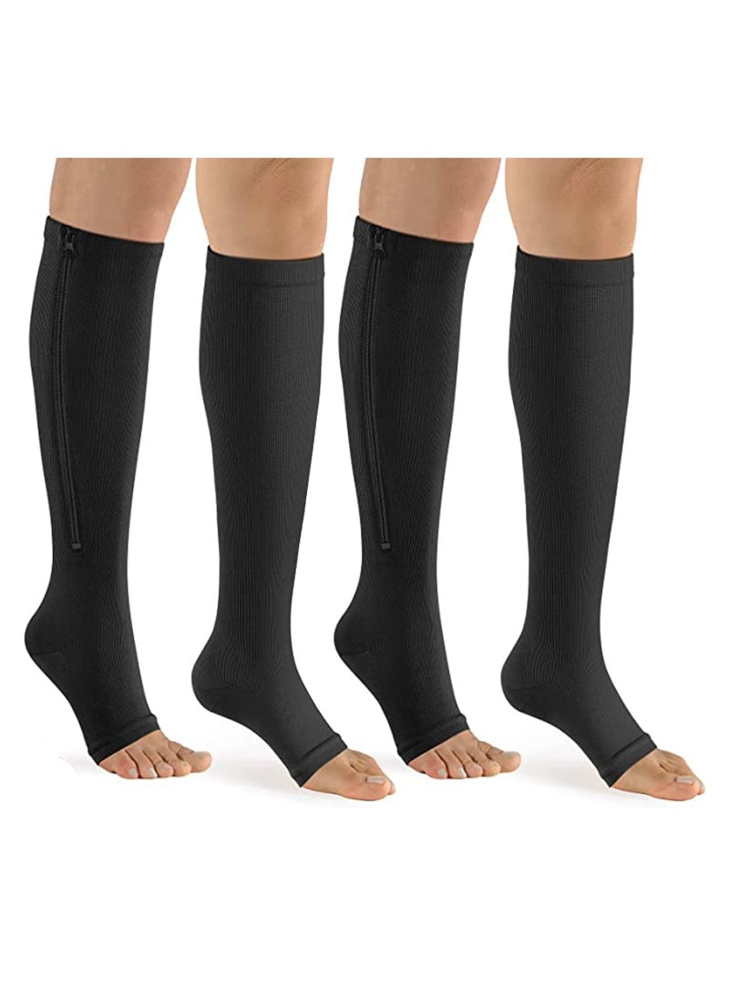 Generic - 2 Pairs Compression Socks Open Toe Compression Stockings Knee High Socks with Zipper Compression Pantyhose 15-20mmHg for Improves Blood Circulation Prevents Leg Swelling (Black) - Image 1