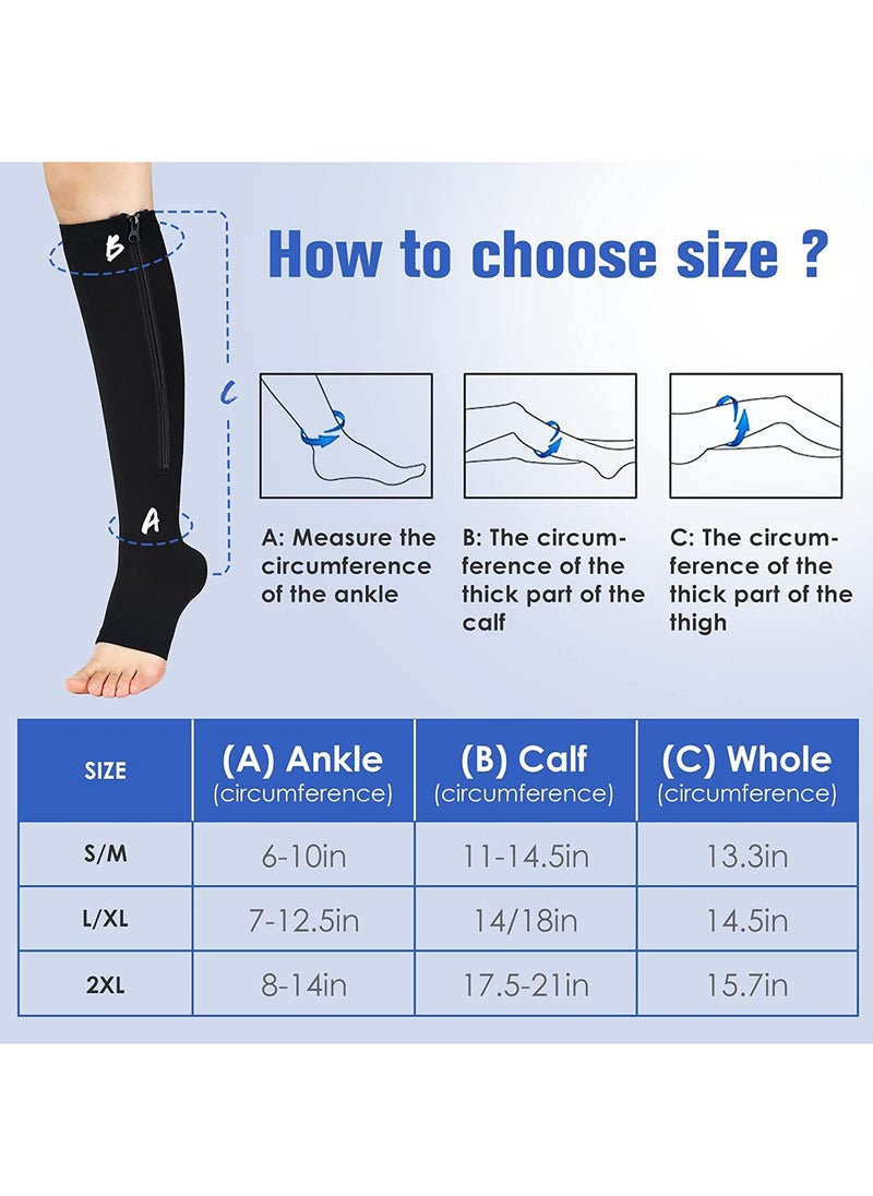 Generic - 2 Pairs Compression Socks Open Toe Compression Stockings Knee High Socks with Zipper Compression Pantyhose 15-20mmHg for Improves Blood Circulation Prevents Leg Swelling (Black) - Image 1
