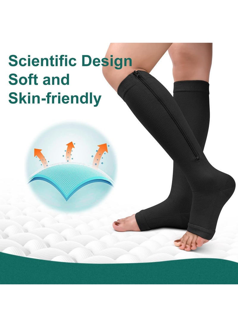 Generic - 2 Pairs Compression Socks Open Toe Compression Stockings Knee High Socks with Zipper Compression Pantyhose 15-20mmHg for Improves Blood Circulation Prevents Leg Swelling (Black) - Image 1