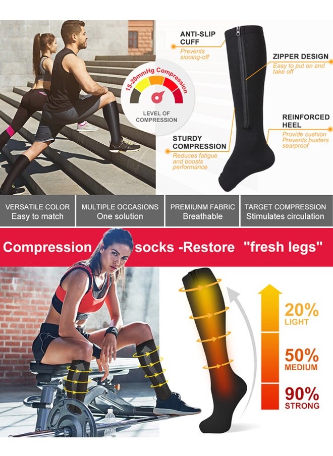 Generic - 2 Pairs Compression Socks Open Toe Compression Stockings Knee High Socks with Zipper Compression Pantyhose 15-20mmHg for Improves Blood Circulation Prevents Leg Swelling (Black) - Image 1