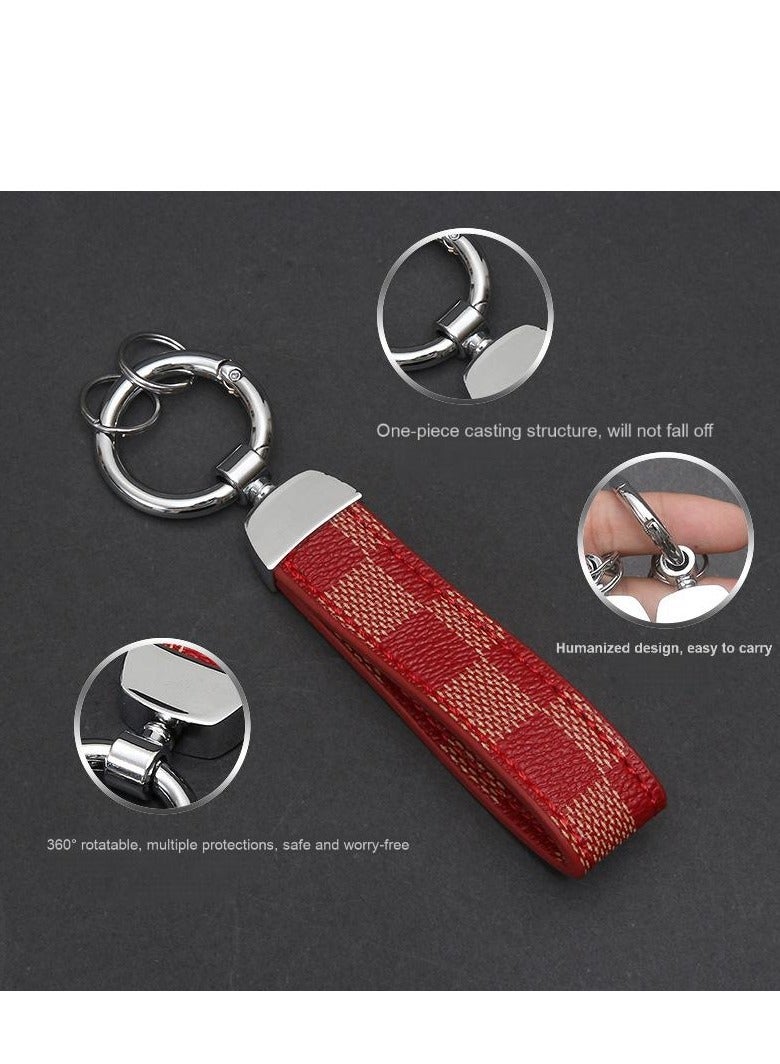 سلسلة مفاتيح سيارة من جلد البولي يوريثان الأحمر المنقوش - حلقة دوارة 360 درجة من سبائك الزنك، حامل مفاتيح بحزام معصم عالمي للسيارة/المنزل/الحقيبة، سلسلة مفاتيح مع مفك براغي - نمط مربعات أنيق** - Image 2
