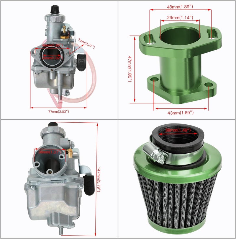 FVRITO Racing VM22 26mm Predator 212 Carburetor Carb for Performance 212cc 196cc Engine Mini Bike GX200 GX160 CT200U KT196 Go Kart with 38mm Air Filter Intake Manifold Upgrade Stage 1 kit Green - Image 5