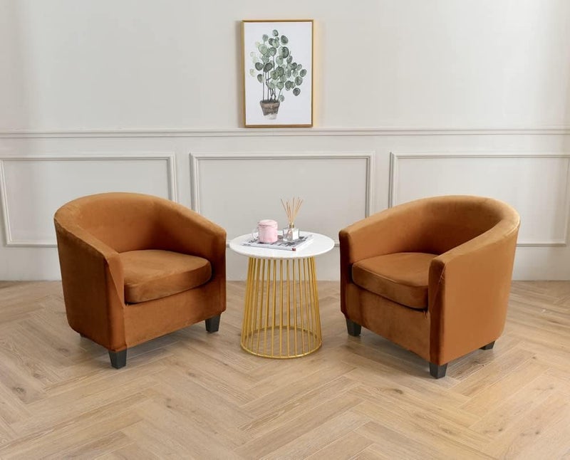NILUOH Velvet Club Chair Slipcover 2 Piece Stretch Tub Chair Cover Round Barrel Chair Covers Non Slip Armchair Covers Couch Covers with Elastic Bottom for Bar Counter Living Room(Camel) - Image 2