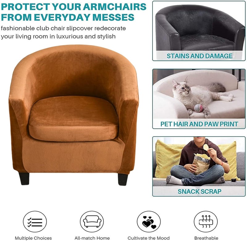 NILUOH Velvet Club Chair Slipcover 2 Piece Stretch Tub Chair Cover Round Barrel Chair Covers Non Slip Armchair Covers Couch Covers with Elastic Bottom for Bar Counter Living Room(Camel) - Image 5