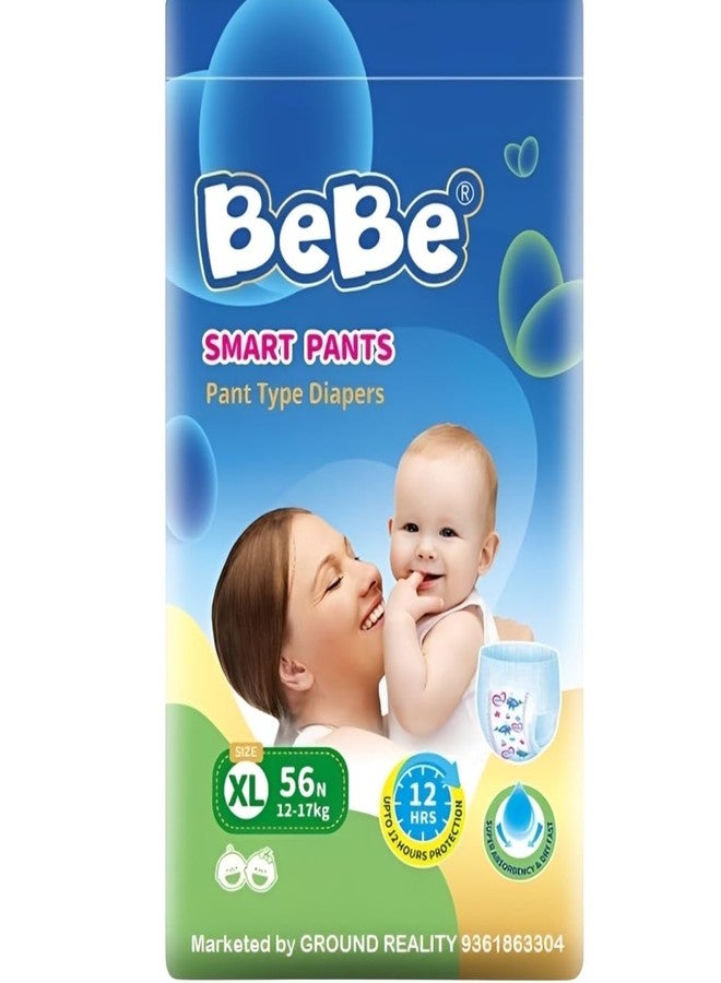 TUNSECHY Advanced Bebe Baby Pant Diapers XL Size for 12-17 Kgs, Triple Leakage Protection, Extra Comfort, Rash Free Superior Absorbency Hypoallergenic (1 XL Pack of 56 Baby Diapers) - Image 1