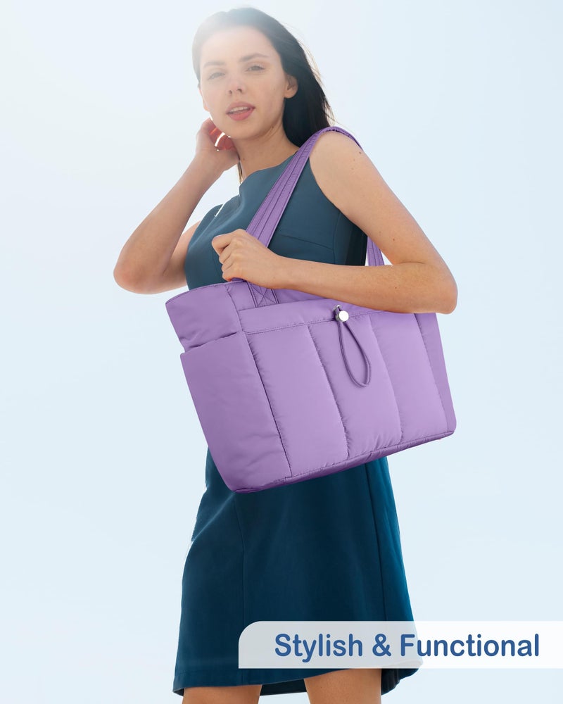 TOPDesign Puffy Tote Bag for Women with Cup Holder & Laptop Compartment & Cosmetic Bag & Trolley Sleeve for Work, Travel (M Light Purple) - Image 3