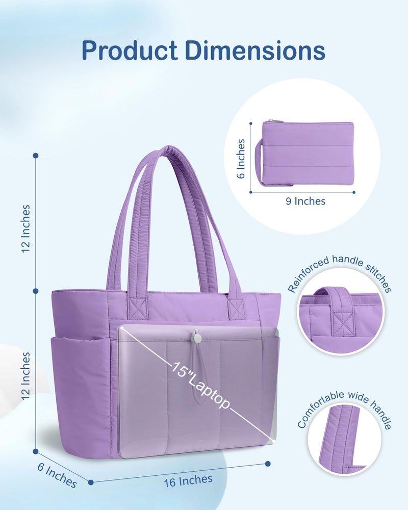 TOPDesign Puffy Tote Bag for Women with Cup Holder & Laptop Compartment & Cosmetic Bag & Trolley Sleeve for Work, Travel (M Light Purple) - Image 5