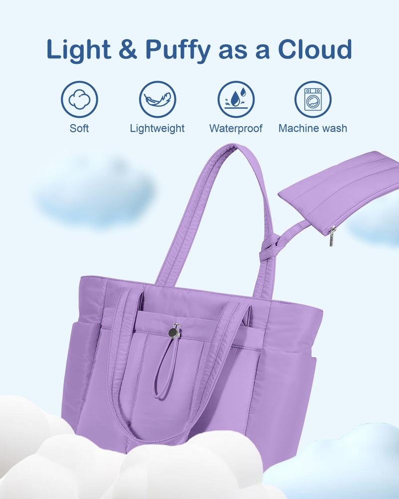 TOPDesign Puffy Tote Bag for Women with Cup Holder & Laptop Compartment & Cosmetic Bag & Trolley Sleeve for Work, Travel (M Light Purple) - Image 4