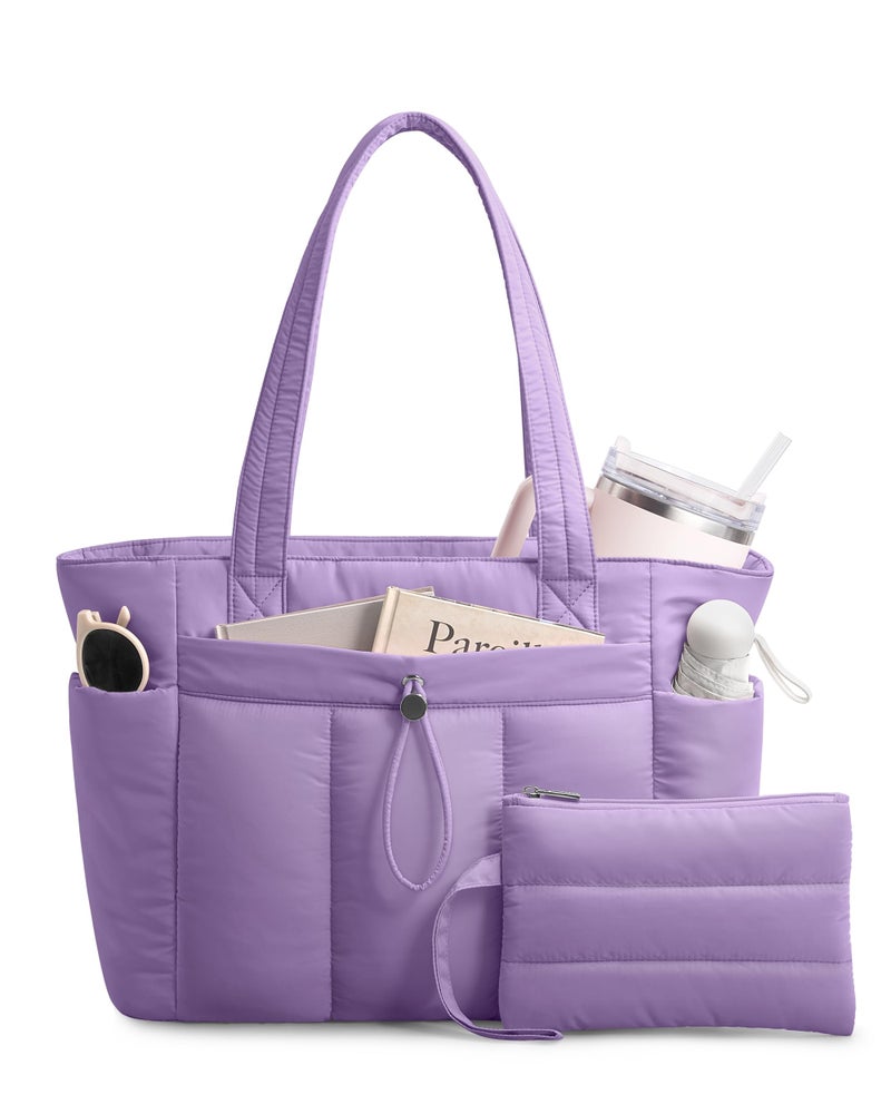 TOPDesign Puffy Tote Bag for Women with Cup Holder & Laptop Compartment & Cosmetic Bag & Trolley Sleeve for Work, Travel (M Light Purple) - Image 1