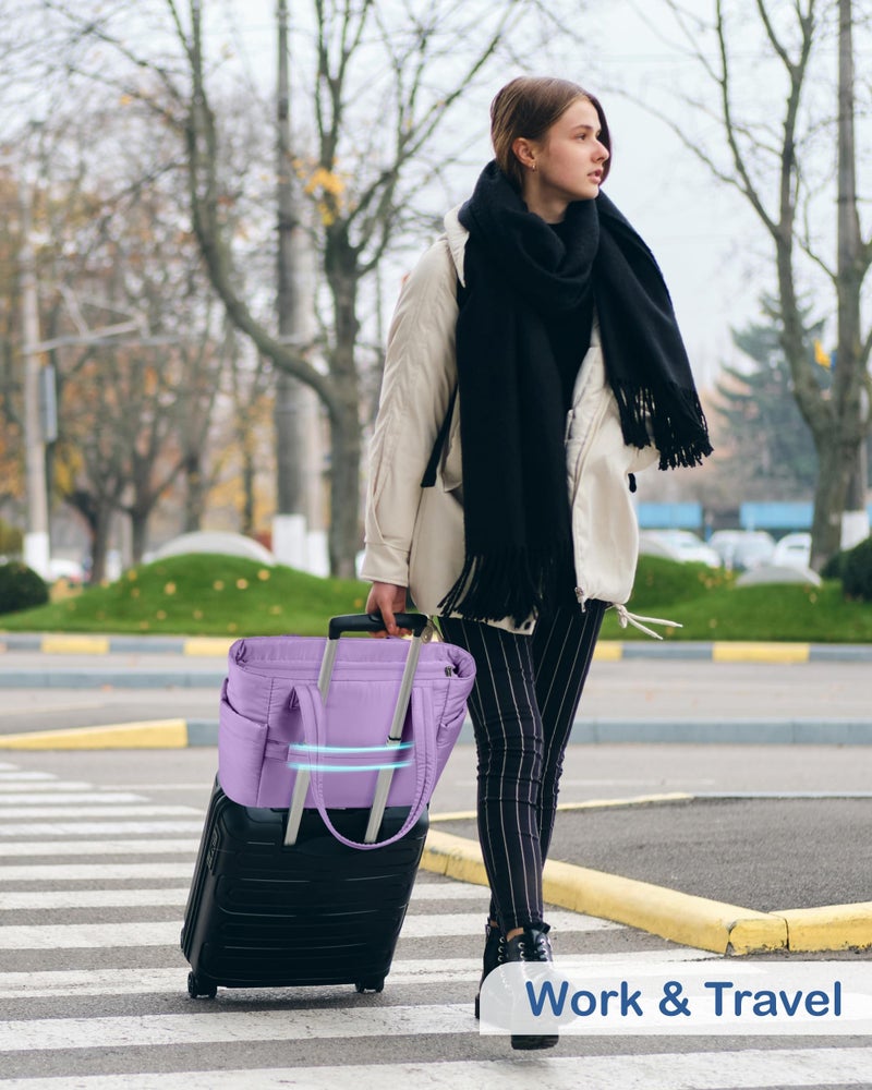 TOPDesign Puffy Tote Bag for Women with Cup Holder & Laptop Compartment & Cosmetic Bag & Trolley Sleeve for Work, Travel (M Light Purple) - Image 2