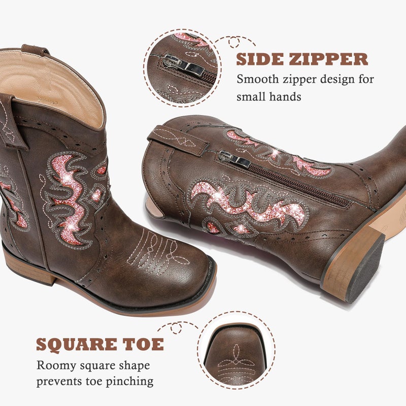 LAURMOSA Girls Cowboy Boots Western Cowgirl Sparkle Dress Cowboy Boots Size 1 for Girls Brown Square Toe Embroidered Kids Horseback Riding Shoes Party Dance(L1050BrownPink 1) - Image 4