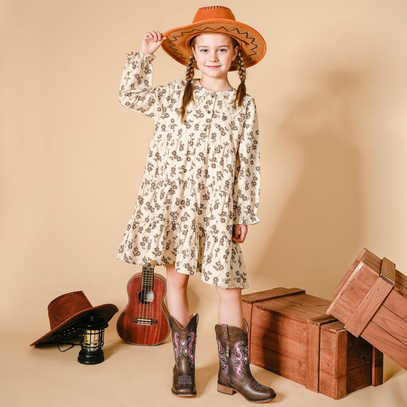 LAURMOSA Girls Cowboy Boots Western Cowgirl Sparkle Dress Cowboy Boots Size 1 for Girls Brown Square Toe Embroidered Kids Horseback Riding Shoes Party Dance(L1050BrownPink 1) - Image 3