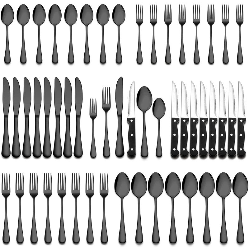 Wildone 24Piece Black Flatware Set with Steak Knives Stainless Steel Silverware Cutlery Set Service for 4 Tableware Eating Utensils Include KnivesForksSpoons Mirror Polished Dishwasher Safe
