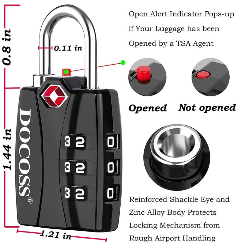 DOCOSS Metal TSA 3 Digit Number Lock for Bag, Luggage, Travel (Black) - Set of 2 | Zinc,Metallic Finishes | Black - Number Combination TSA Lock for Luggage - Image 3