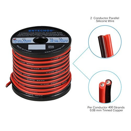 BNTECHGO 14 Gauge Flexible 2 Conductor Parallel Silicone Wire Spool Red Black High Resistant 200 deg C 600V for Single Color LED Strip Extension Cable Cord,Model,50ft Stranded Tinned Copper Wire - Image 2