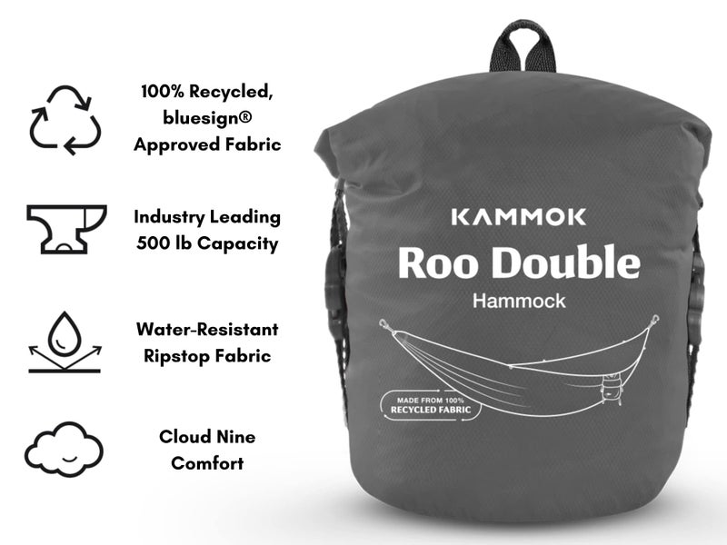 KAMMOK: Roo Double Hammock | Made from Strong & 100% Recycled Water Resistant Ripstop Fabric | Comfortable, Packable, Lightweight (Lifetime Adventure Grade Warranty), Granite Gray - Image 3