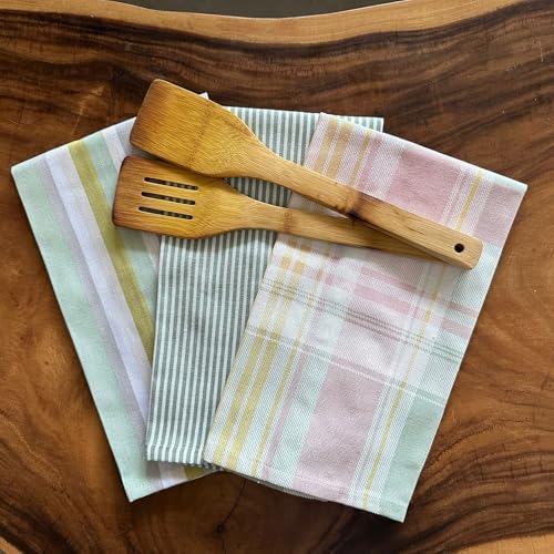 Oak & Lily Set of 3 Kitchen Napkins Dish Towels | 100% Cotton | Premium European Quality | Washable, Large Size (40 * 60cm) Kitchen Cloth for Roti, Cleaning, Drying, Wiping | Green Geometric Patterns - Image 1