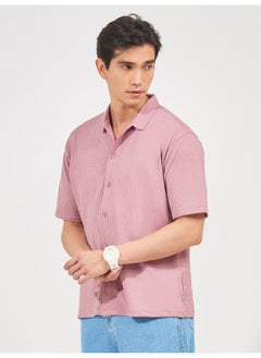 Maniac Maniac Men Solid Collared Neck 3/4th Sleeve Pink Oversized Cotton Shirt  - Image 3
