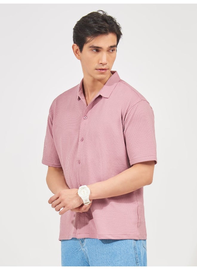 Maniac Maniac Men Solid Collared Neck 3/4th Sleeve Pink Oversized Cotton Shirt  - Image 3
