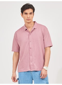 Maniac Maniac Men Solid Collared Neck 3/4th Sleeve Pink Oversized Cotton Shirt  - Image 1