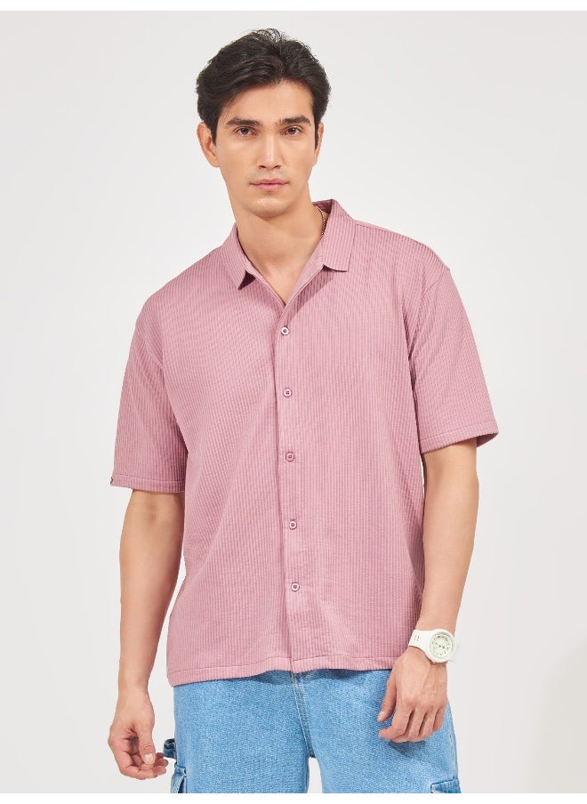 Maniac Maniac Men Solid Collared Neck 3/4th Sleeve Pink Oversized Cotton Shirt  - Image 1