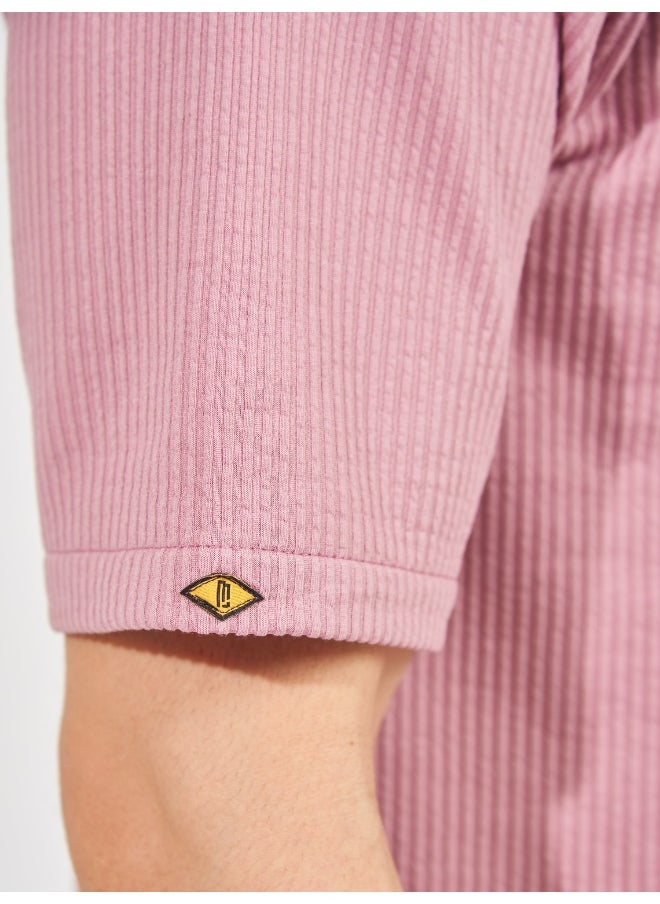 Maniac Maniac Men Solid Collared Neck 3/4th Sleeve Pink Oversized Cotton Shirt  - Image 5