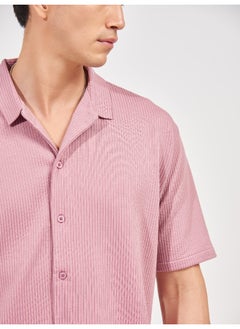 Maniac Maniac Men Solid Collared Neck 3/4th Sleeve Pink Oversized Cotton Shirt  - Image 4
