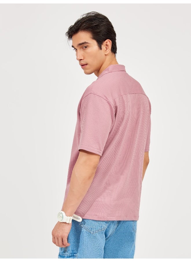 Maniac Maniac Men Solid Collared Neck 3/4th Sleeve Pink Oversized Cotton Shirt  - Image 2