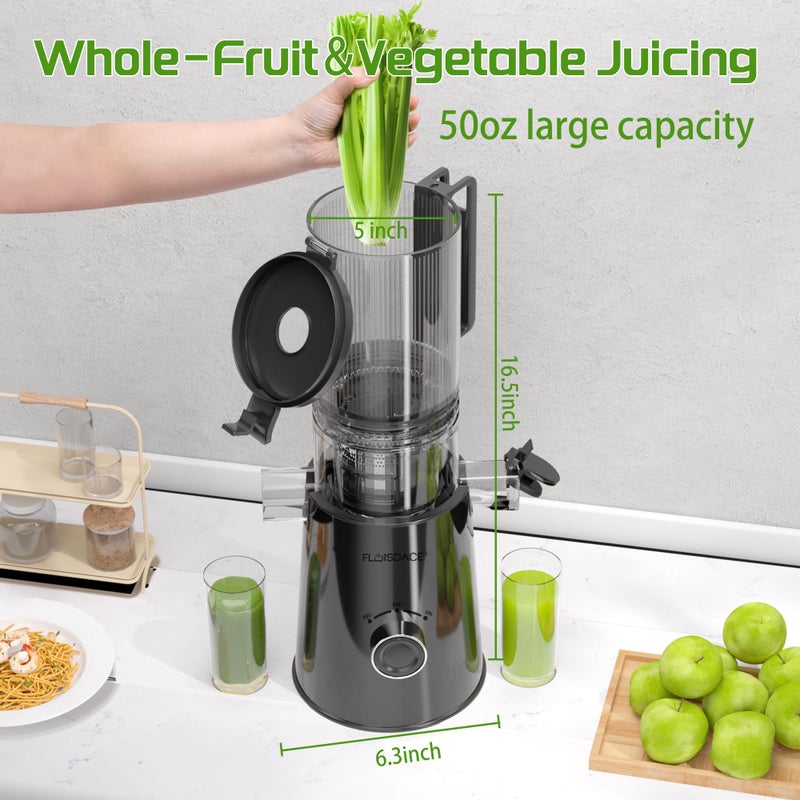 Floisdace Cold Press Juicer, Slow Masticating Juicer Machines with 5" Feeding Chute Fit Whole Fruits&Vegetables, Stainless Steel Slow Masticating Juicer Easy to Clean, 99.6% Juice Purity, 1.5L Capacity-Black - Image 2