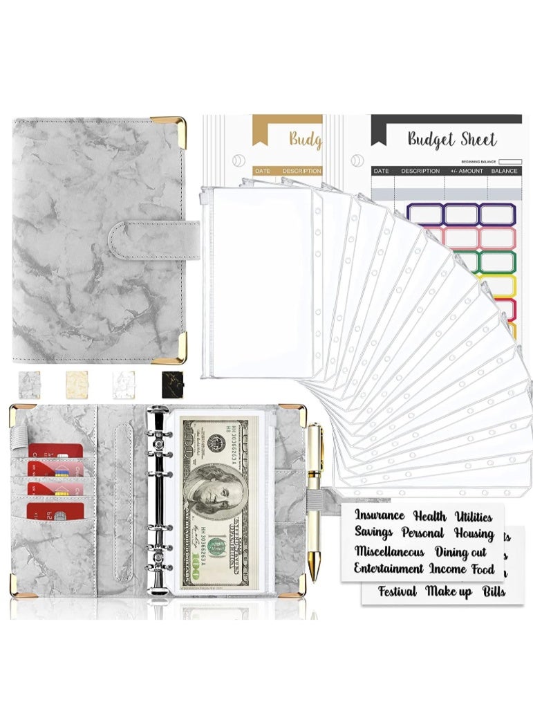 Budget Binder With Cash Envelopes for Budgeting, Money Organizer, 12Pcs 6-Ring Money Saving Binder (Marble-Grey) - Image 1