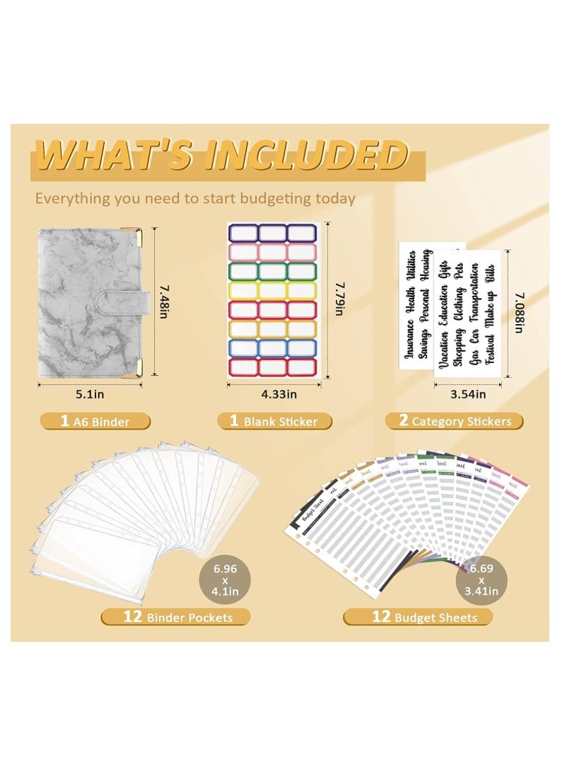 Budget Binder With Cash Envelopes for Budgeting, Money Organizer, 12Pcs 6-Ring Money Saving Binder (Marble-Grey) - Image 3
