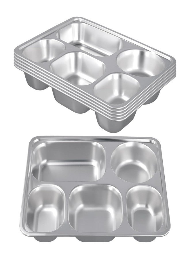 SINJEUN 6 Pack Stainless Steel Divided Plates, 5 Sections Rectangular Divided Dinner Tray Metal Food Tray for Lunch, Dinner and Portion Control - Image 1