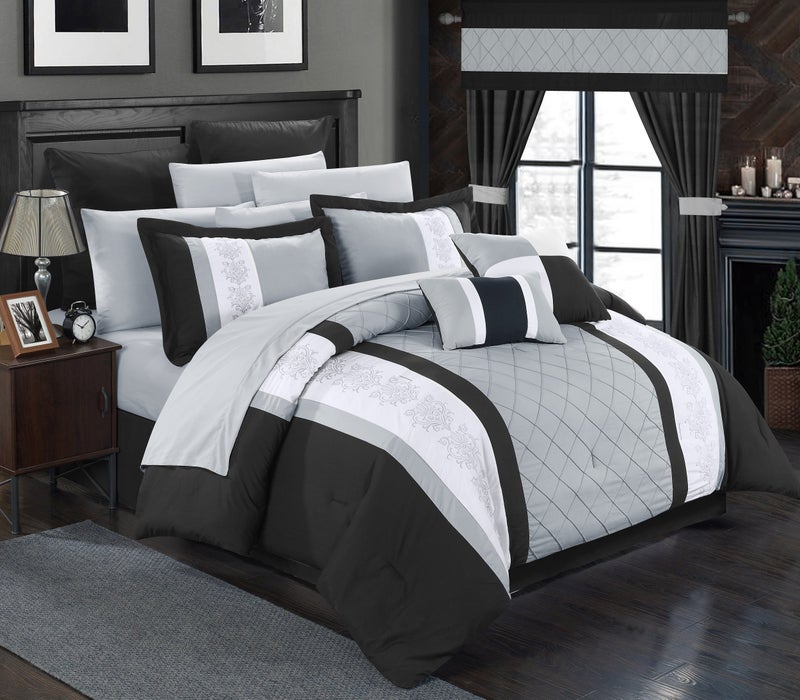 Chic Home Black Bed in a Bag Comforter Set King Size 24 Pieces Danielle  Pintuck Embroidery Colorblock Bedding  Comforter Sheets Shams Bed Skirt Pillowcases Valances Curtain Ties  Pillows