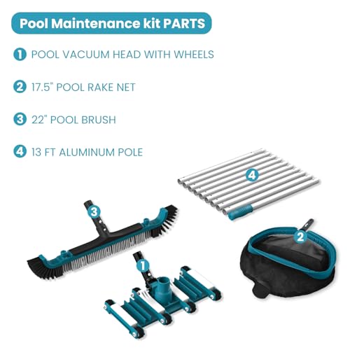 POOLWHALE Deluxe Swimming Pool Cleaning Kit Including Pool Net and Vacuum Head, Pool Brush with 13Ft Pole for Above Ground & Inground Swimming Pools - Image 2