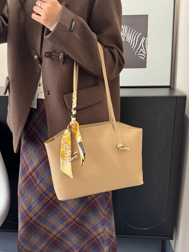 Take Two Beige Shoulder Bag with Scarf Accent