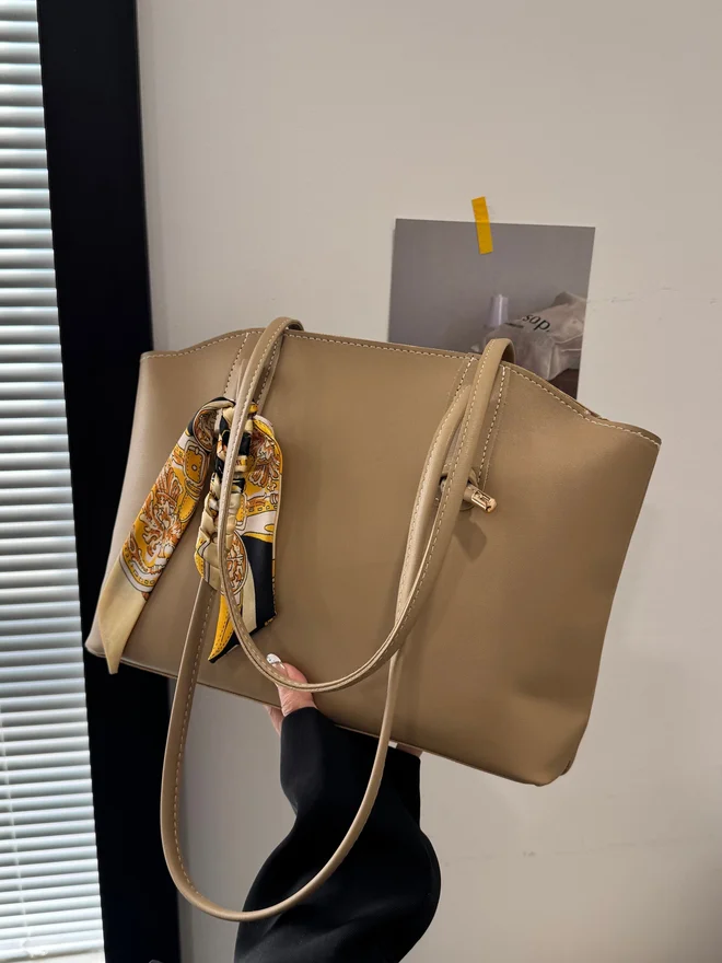 Take Two Beige Shoulder Bag with Scarf Accent