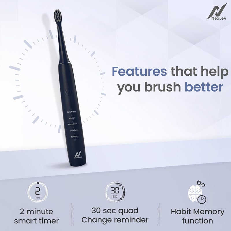 nexlev Electric Toothbrush| 40000 vibrations/min|USB Type C| 5 Modes| 2 Min timer| 30 sec Quad Interval| 4 Replaceable Brush Heads With Cover| IPX7 Waterproof| For Adults| ETC-08 MidNight Blue - Image 3