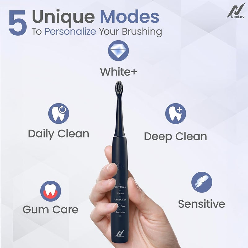 nexlev Electric Toothbrush| 40000 vibrations/min|USB Type C| 5 Modes| 2 Min timer| 30 sec Quad Interval| 4 Replaceable Brush Heads With Cover| IPX7 Waterproof| For Adults| ETC-08 MidNight Blue - Image 2