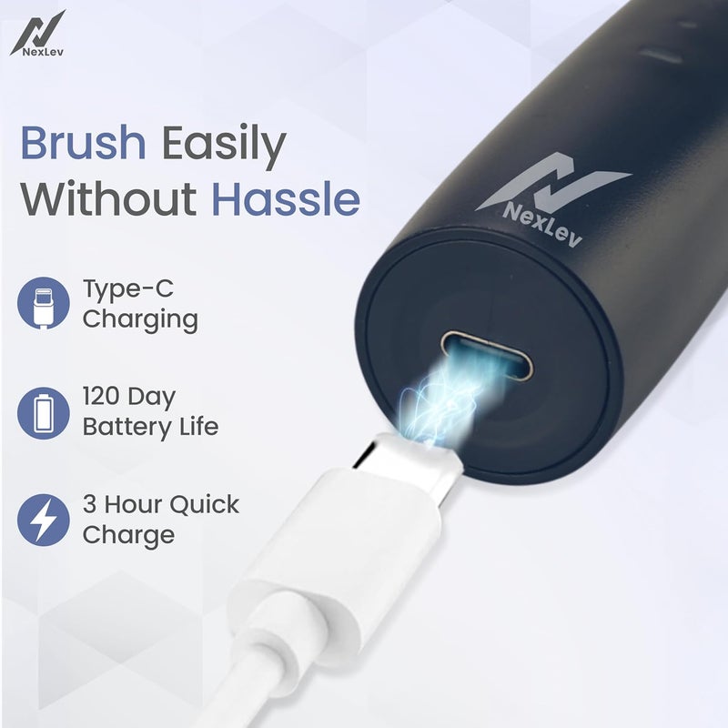 nexlev Electric Toothbrush| 40000 vibrations/min|USB Type C| 5 Modes| 2 Min timer| 30 sec Quad Interval| 4 Replaceable Brush Heads With Cover| IPX7 Waterproof| For Adults| ETC-08 MidNight Blue - Image 4