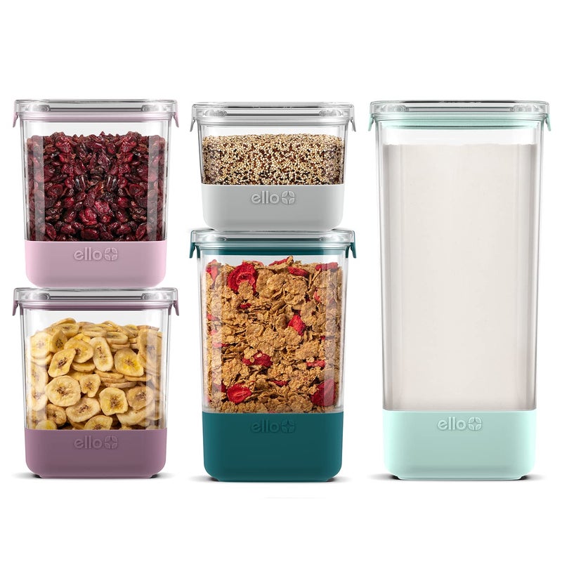 Ello Airtight Food Storage Plastic Canisters with Non-Slip Base Locking Lids and Labels for Kitchen and Pantry Organization Perfect for Sugar, Cereal, Pasta | Set of 5 Mixed Set | Garden Goals - Image 5