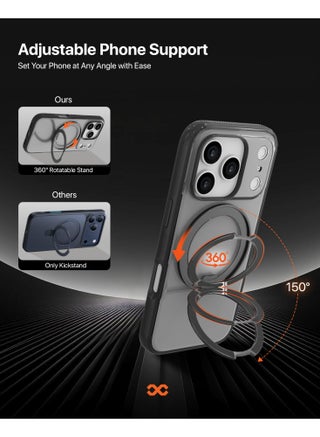 جراب iPhone 17 Pro Max مع حامل حلقة دوار 360° - بريستين أسود، متوافق مع MagSafe، عرض متعدد الزوايا، مغناطيس N52، حماية من السقوط بمعيار عسكري، تصميم محكم بدقة، وصول محسن للأزرار والمنافذ، مشاهدة بدون استخدام اليدين، حواف مرتفعة، أنيق وخفيف الوزن Infinyty Lite - view 2