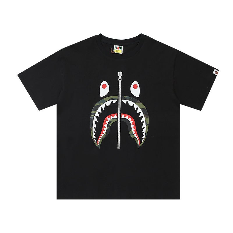 Japanese Trendy Brand Bape Luminous Camouflage Embroidered Shark Print Short-Sleeved T-Shirt For Men And Women Loose Half-Sleeved Shirt - Image 1