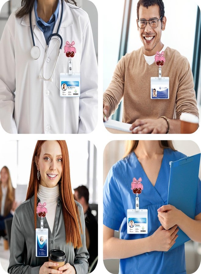 BEZTN Girly Pink Bow Cherry Badge Reel, Work ID Badge Holder Retractable Clip, Nurse Nursing Student Badge Reel, Cute Name Badge Holders, LPN CNA RN Medical Worker Nurse Teacher Badge Gift Accessories, B02 - Image 2