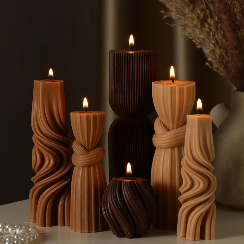 Threlaco 6 Pcs Pillar Candles Decorative Modern Aesthetic Ribbed Candle Set Cute Soy Wax Scented Ribbed Decor Valentine's Commemorative Gift for Home Decoration(Brown,2.36-6.89 Inch) - Image 1