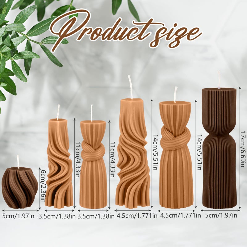 Threlaco 6 Pcs Pillar Candles Decorative Modern Aesthetic Ribbed Candle Set Cute Soy Wax Scented Ribbed Decor Valentine's Commemorative Gift for Home Decoration(Brown,2.36-6.89 Inch) - Image 2