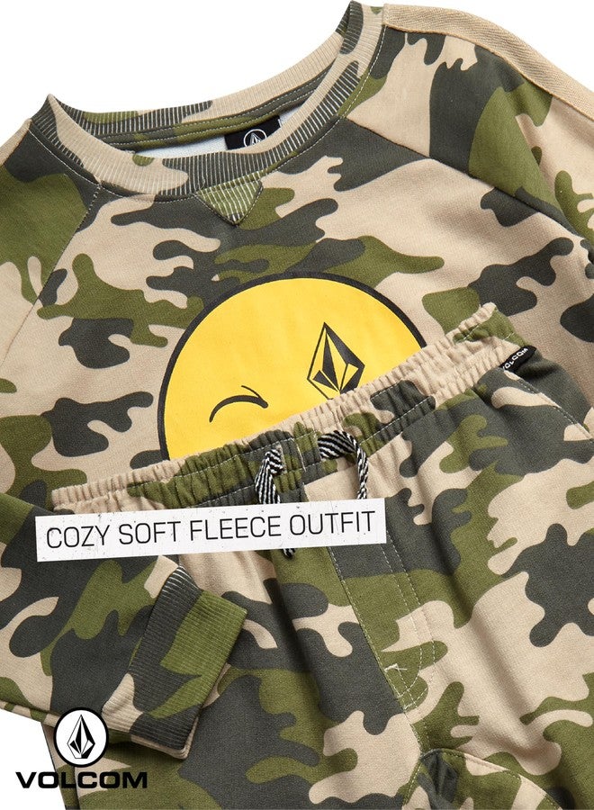 Volcom Boys Sweatsuit Set - 2 Piece Soft Fleece Crewneck Pullover Sweatshirt and Jogger Pants - Cozy Outfits for Boys 12M-7, Size 5, Camo Smiley - Image 3