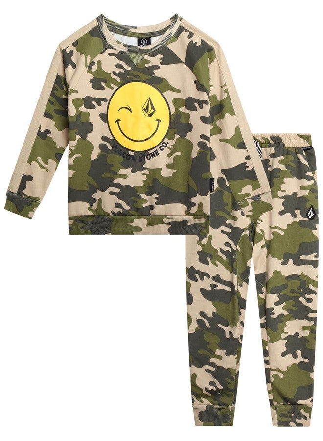 Volcom Boys Sweatsuit Set - 2 Piece Soft Fleece Crewneck Pullover Sweatshirt and Jogger Pants - Cozy Outfits for Boys 12M-7, Size 5, Camo Smiley - Image 1