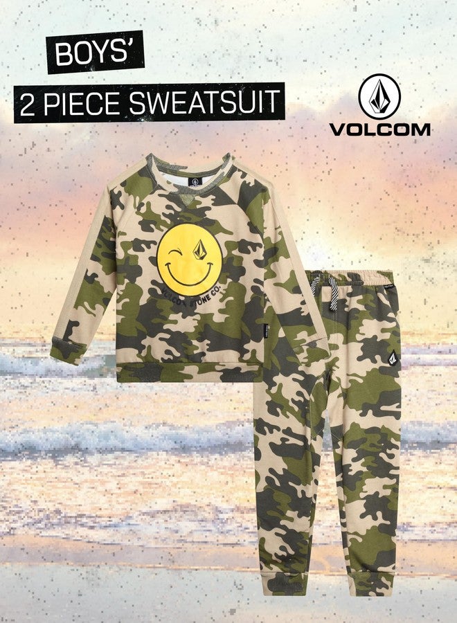 Volcom Boys Sweatsuit Set - 2 Piece Soft Fleece Crewneck Pullover Sweatshirt and Jogger Pants - Cozy Outfits for Boys 12M-7, Size 5, Camo Smiley - Image 2